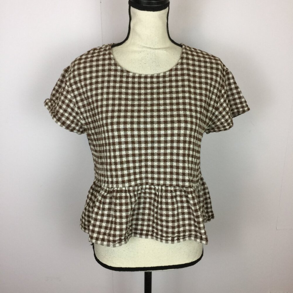 COPY - Madewell Medford Blouse Size M Womans Brown White Textured Gingham Short…